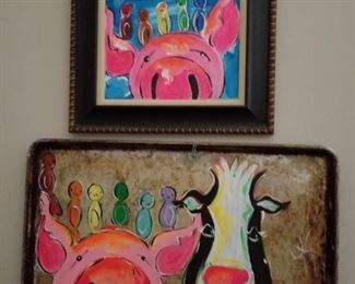 The Cow & Pig painting is on a baking sheet. 