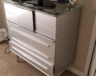 Mid century chest with matching dresser, mirror, end table and bed. All have custom cut mirror tops