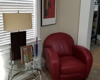 Lamp is a pair, end table is pair, red leather chair. All in great condition and from " Modani"