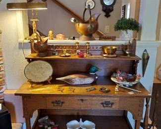 Beautiful Antique oak sideboard.  Brass & Copper.