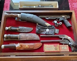 Great knives, Daggers, etc.  Randal dagger & sheath.  Gladstone USN knife.  Air gun.  Rare Daisy cork guns.