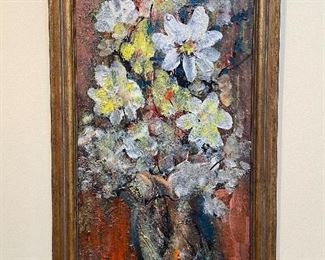 Item 33:  DOROTHY PALMER (American, 20th Century) BOUQUET OF FLOWERS, 1965-oil - 17.25" x 30.25"-
Oil on board still life scene shows a large group of yellow and white flowers in a vase. Signed lower left: $245
