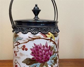 Item 30:  Antique Royal Bonn Handled Floral Covered Biscuit Jar Germany - 7.5":  $65