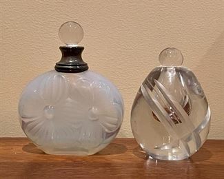 Item 45:  Clermont perfume bottle (Made in France) - 4.25":  $85 (SOLD)                                                                                                      Item 46:  Signed perfume bottle (small chip at tip of stopper) - 3.5":  $24
