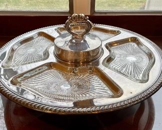 Item 19:  Silverplate appetizer tray with glass inserts - 16.5" x 3":  $85