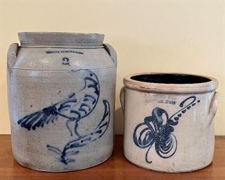 Item 51a:  Whites, Binghamton (NY) Two Gallon Stoneware Jar. Cobalt blue bird decoration (Left) - 7.5" x 11":  $295                                                                                                                Item 51b: SOLD !!! Antique Norton Co. Worcester, MA Crock (this one has had holes drilled into bottom - 8" x 7": $95 