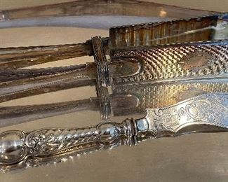 Item 80:  Antique Swedish Silver Plate asparagus tongs & ornate knife: : $65 for both