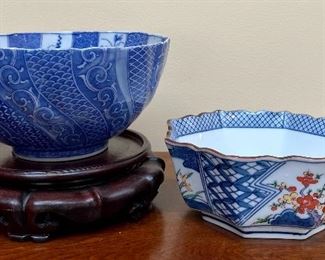 Item 44:  Lot- Asian Bowl on Stand and Tiffany Bowl (right): $85                                                                                                                Tiffany Bowl - 6" x 2.5"