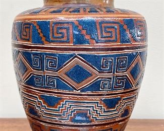 Item 235:  Glazed Vintage Mexican Vase in Blue and Terra Cotta - 5.5" x 7":  $45