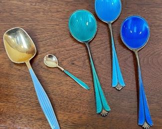 Item 98:  (5) David Anderson (4th on right) Norway silver enamel spoons:  $85