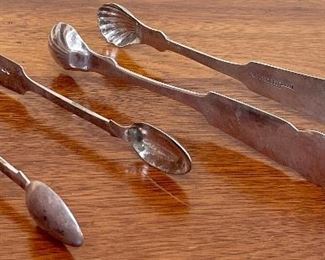 Item 119:  Large 19c. English Silver Sugar Tongs (left):  $75                                                                                                            Item 120:  Large American Coin Silver Sugar Tongs , scallop top - (right):  $85