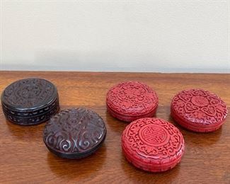 Item 69:  Cinnabar trinket boxes- appx. 3" x 1":  $16 ea   RED ARE SOLD                                                       