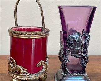 Item 68:  Red Basket with Horse Motif - 5":    $75                                          Item 67:  Violet Glass Vase wrapped in Sterling Silver - 2" x 4.5":   $125  