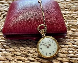 Item 324:  Antique 18k Gold Diamond Art Nouveau Ladies Pendant Watch with 14K Gold Chain: $1195