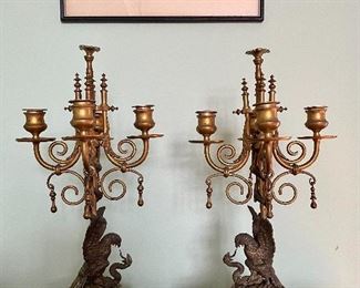 Item 47:  Sweden - Pair, Ornate 4-Light Brass Candelabras with Eagle Fighting Snake - 18":  $345 for pair