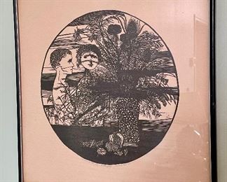 Item 305:  Leonard Baskin "Children and Still Life" Woodcut circa 1956 - 17" x 17.5":  $125