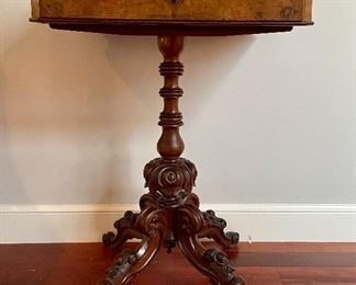 Item 90:  Antique Burled Sewing Table with Fitted Drawer - 23"l x 15.5"w x 29"h:  $275