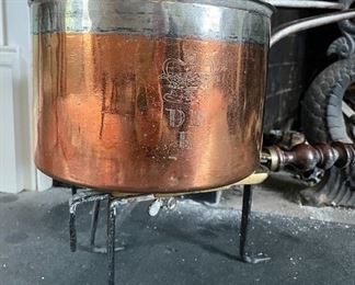 Item 320:  Antique Dovetailed Copper English Saucepan, 19th Century With a Lid and Cast Iron Handles: $145