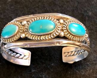 Item 179:  Handmade three stone sterling and turquoise cuff bracelet:  $125