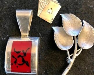 Item 192:  Lot of Sterling Items - Red pendant, Playing Card Charm & Pin: $48