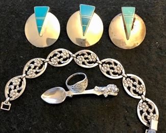 Item 194:  Three Sterling Silver & Turquoise earrings for those of you with three ears, Bracelet, Ring and Spoon: $80