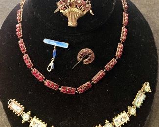 Look at these pretties!                                                                        Item 196: SOLD 4-piece Antique Bohemian Set (necklace, basket pin, horseshoe pin and rectangle pin: $165                                                                                                         Item 197:  Tiny blue enamel pin: $18    SOLD                                             
Item 198:  Micro-mosaic bracelet: $45 SOLD