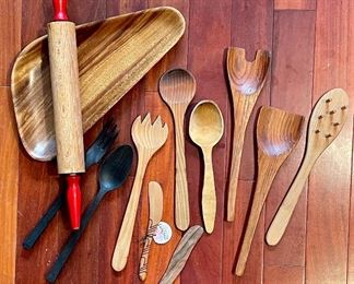 Item 240:  Lot of Wood Utensils with Monkey Pod Dish:  $28