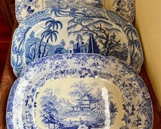 Item 86:  Blue & White Platter with Blood Drain (Top) - 19.25" x 3":  $100                                                                                                     Item 85:  Blue & White Platter (Middle) - 18.75" x 14.25":  $100                                                                                                               Item 84:  Blue & White Platter (Bottom) - 17" x 13.5":  $75