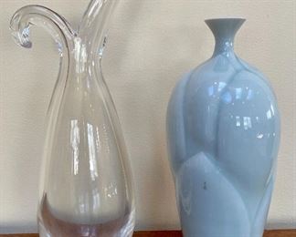 Item 70:  Steuben Glass Vase (Left) - 10.25":  $24   SOLD                                 Item 71:  Janel Jacobson Aqua Vase (Right) - 8": $24