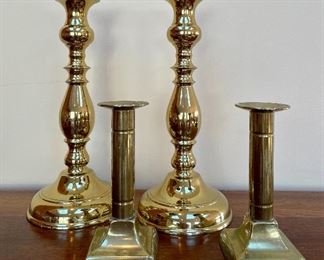 Item 16:  Virginia Metal Crafters Brass Candlesticks - 10.5":  $40                                                                                                 Item 22:  Antique Brass Candlesticks - 5.5": $28