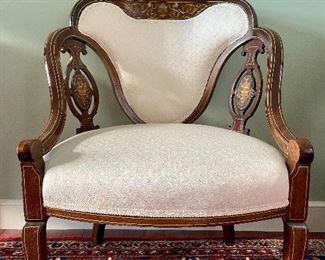 Item 28:  Matching Marquetry Inlaid Edwardian Period antique chair- 21.5"l x 18.5"w x 31.5"h:  $645