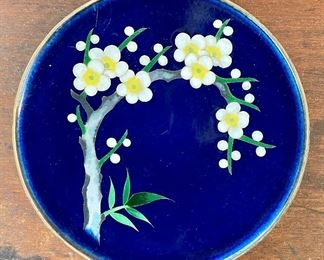 Item 250:  MCM Cobalt Blue Enamel Plate with White Dogwood Flowers - 4.75" x 1":  $24