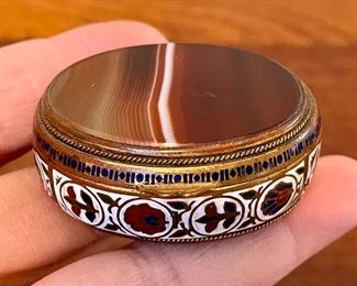 Item 257:  Mini agate trinket box with enameling - 1.75" x 1":  $28