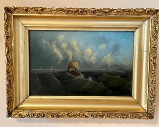 Item 207:  Antique Oil on Canvas, Ship at Sea - Signed lower left - 12.25" x 9": $195
