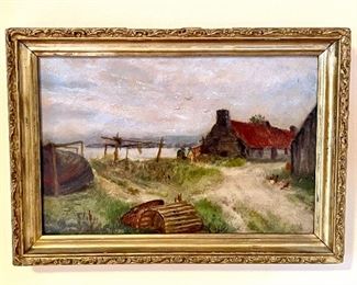 Item 208:  Antique Oil Painting by Lydia J. Crouch, Lobster Trap and Ocean 1922 - 9.75" x 7":  $200