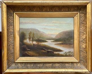 Item 213:  Antique oil painting of meandering river, unsigned - 13.25" x 14": $200