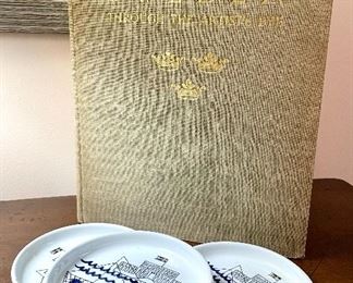 Item 276:  "Sweden" book and three vintage ceramic Stockholm 700th Anniversary Coaster plates:  $24