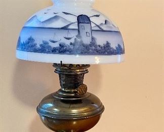 Item 281:  Aladdin No. 6 Antique Converted brass oil lamp with pained opal glass windmill shade - 20.5":  $75