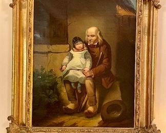 Item 202:  Old Man sitting with little girl, European, Dutch School, 1851, Malad (?) Oil on canvas, 17.25”x20.5”:  $550
