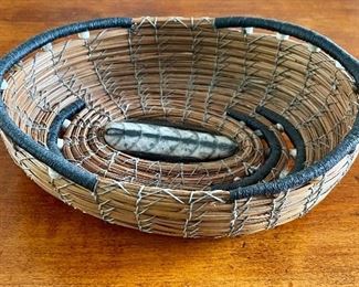 Item 358:  Handmade Brown and Gold Pine Needle Basket with Polished Feather Agate in the Bottom - 7" x 1.5": $85