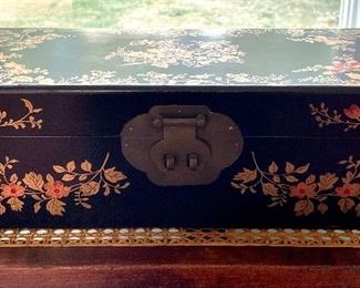Item 366:  Antique Lacquered Box with Metal Closure - 16"l x 6.5"w x 5.75"h: $45