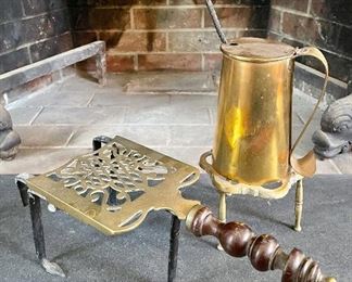 Item 375:  Antique Brass Pot Trivet and Brass Kerosene Fire Starter Fireplace Tool: $70
