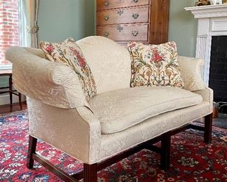 Item 376:  Small Camel Back Down Cushion Sofa (2) - these need some attention - some extra stuffing maybe? - 60"l x 20"w x 30.5"h: $400 for pair