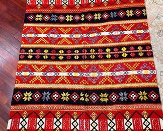 Item 379:  Antique Swedish Weaving Wall Hanging Bright Red, Black, Yellow and White feat. rings, sewn in for hanging - 48" x 66": $375