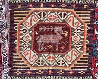 Item 380:  Antique Swedish Weaving Table Covering Neutral Earth Tones feat. Deer as Central Focus and Fringe - 27.5" x 26": $175