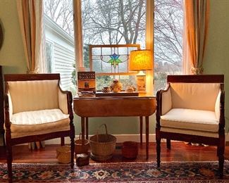 Pair of Antique Regency Arm Chairs with inlays - not a matched set - the inlays are different - also, the chair on the left has a repair and the upholstery is more worn - the one on the right is better!