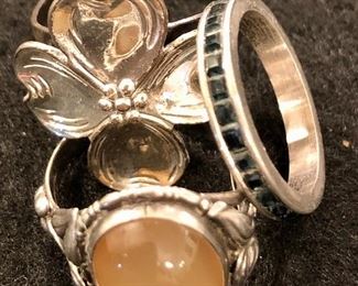Item 432:  Sterling Flower Ring (top):  $15.                                                         Item 433:  Sterling Ring with Stone (middle):  $12.                                      Item 434:  SOLD !!! Sterling Ring with Stones (far right):  $12 