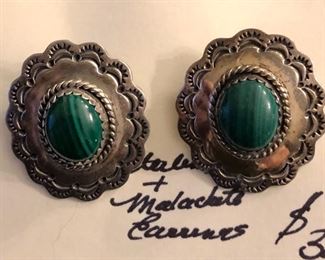 Item 431:  Sterling & Malachite Clip-on Earrings:  $35