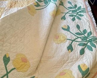 Item 477:  Vintage Handmade Quilt with Yellow Flower Appliques - 73" x 87.5": $115