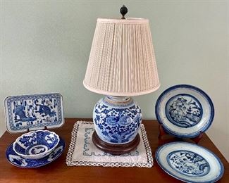 Item 60:  Vintage Blue and White Lamp on Stand - 24": $145